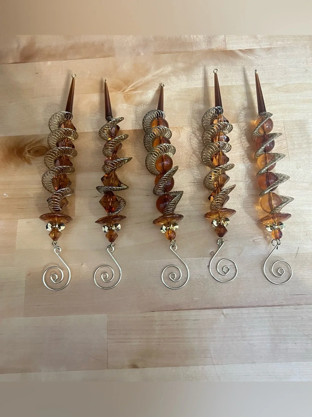 Vintage Style Amber Toned Beaded Christmas Ornament Lot of 5 About 9” Long